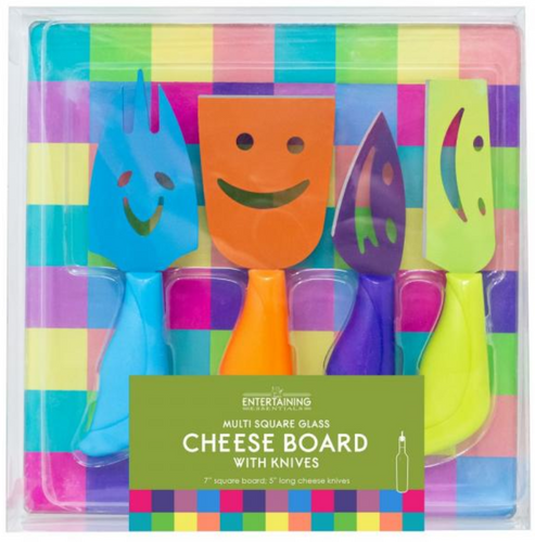 4 Piece Knife & Glass Board Happy Multi Square Gift Set