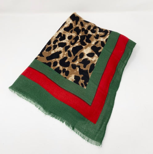Leopard Shawl Scarf with Red & Green Striped Border