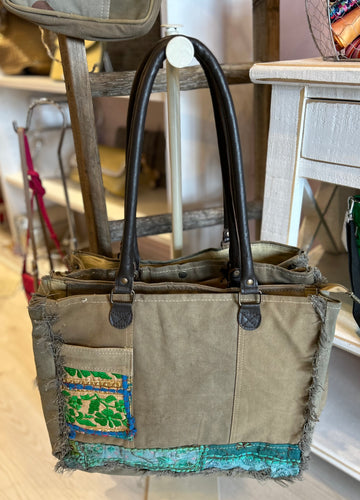 Recycled Military Tent Tote with Varying Vintage Fabrics