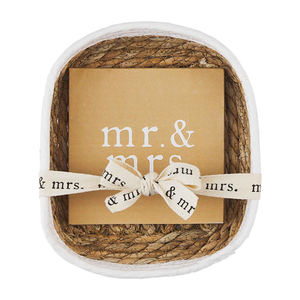 Mr. & Mrs. Cocktail Napkins and Seagrass Basket Set