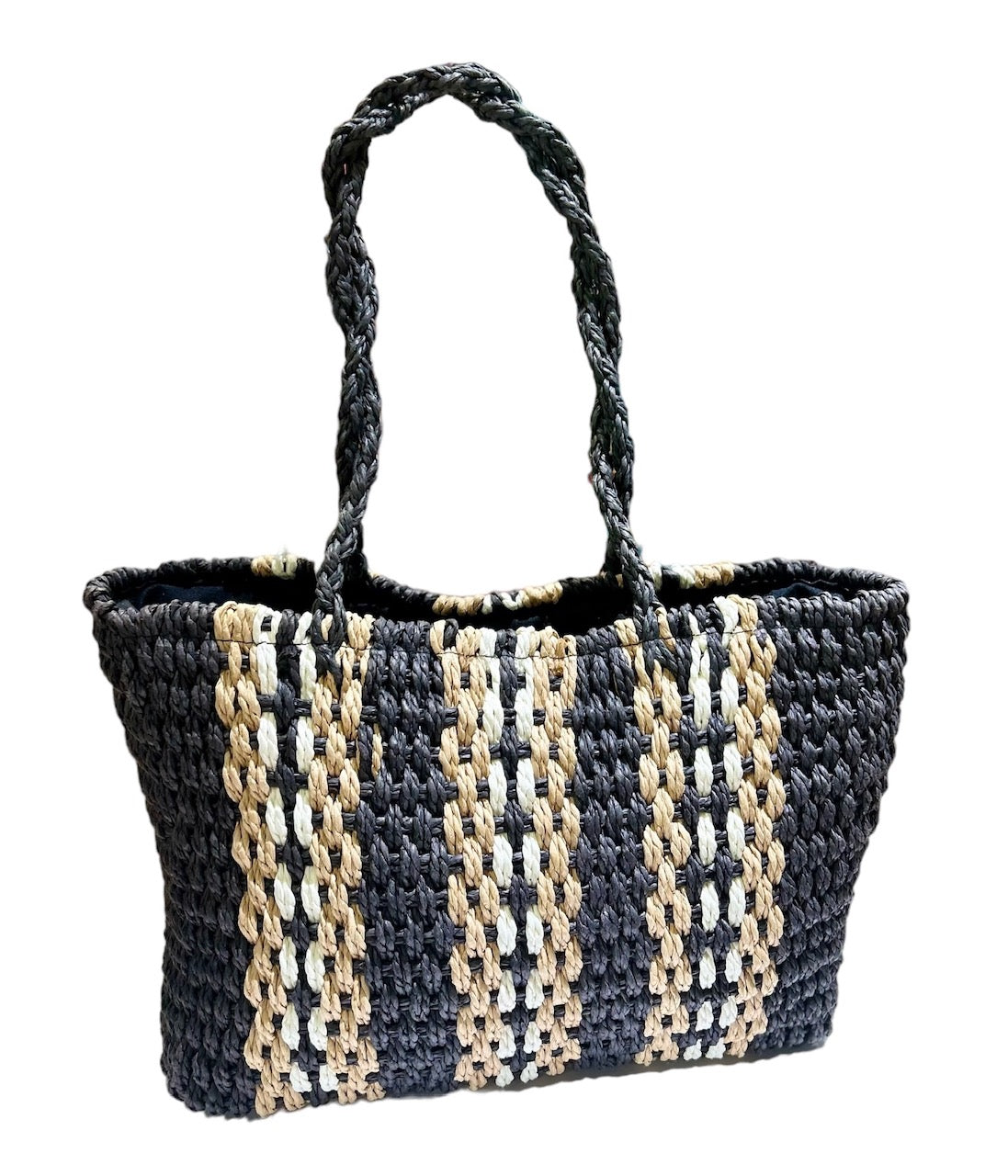 German Fuentes Woven Straw Tote - Black/Tan Stripe