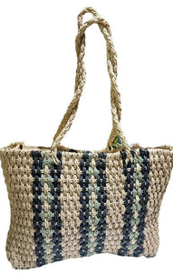 German Fuentes Woven Straw Tote - Natural/Navy/Blue Stripe