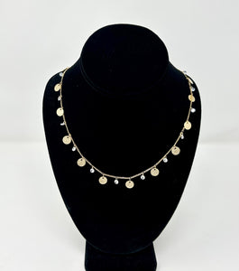 Gold Necklace with Hammered Discs & Crystal Charms
