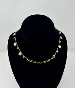Gold Necklace with Hammered Discs & Crystal Charms