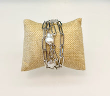 Load image into Gallery viewer, Paper Clip Link Bracelet with Freshwater Pearl Accents (Silver Finish)
