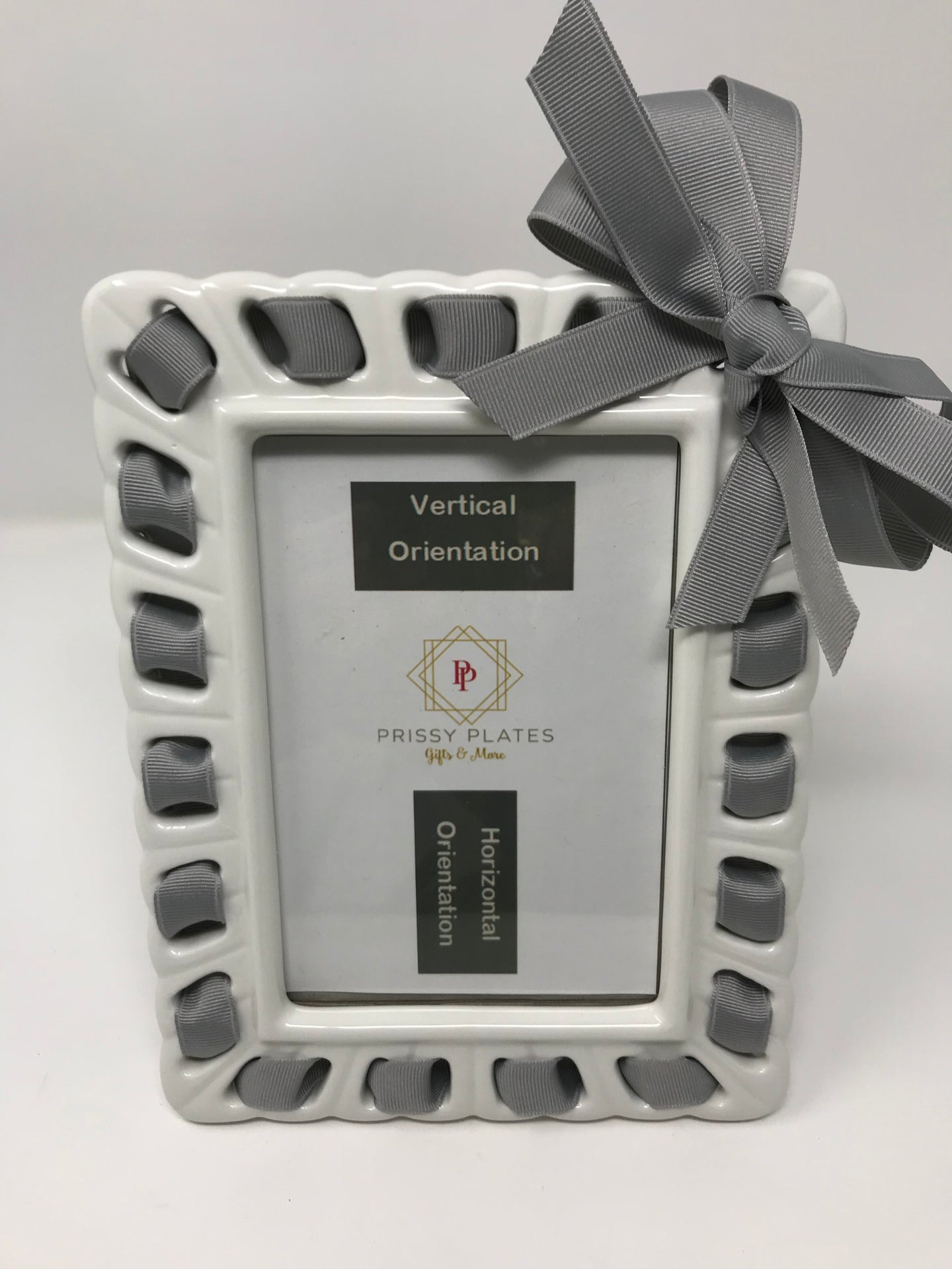 Prissy Plates Frame with Gray Ribbon