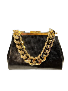 Sondra Roberts Black Leather Evening Bag with Gold Link Chain