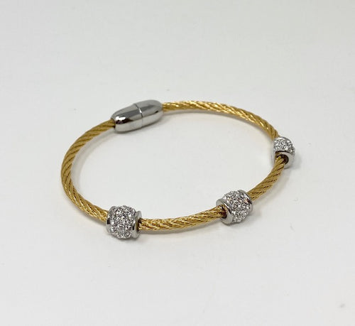 Twisted Cable Bracelet w/Triple CZ Barrel Beads - Yellow Gold Tone