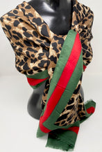 Load image into Gallery viewer, Leopard Shawl Scarf with Red &amp; Green Striped Border