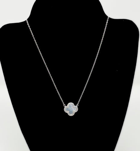 Mother of Pearl Quatrefoil Clover Necklace in White Gold Finish