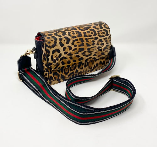 Sondra Roberts Crossbody Purse with Stripe Guitar Strap - Leopard Print