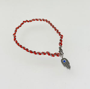 Red Cord & Links Hamsa Bracelet - Silver Tone