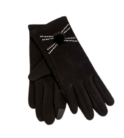Black Ladies Touchscreen Gloves with Poms & Gems