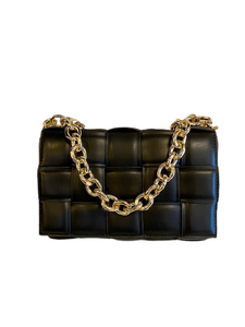 Melie Bianco Black Woven Handbag with Gold Chain Straps