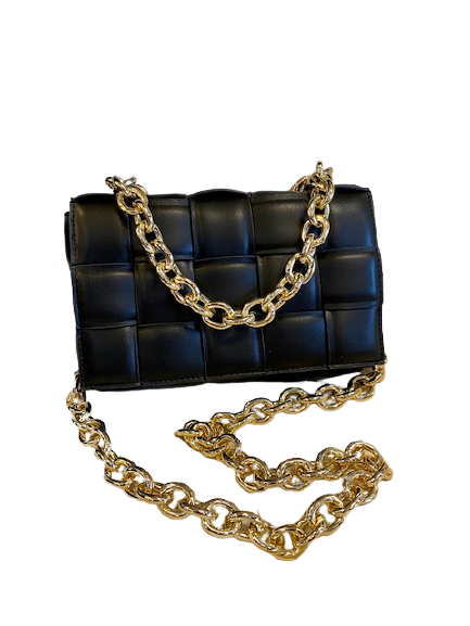 Leather Woven Gold Chain Purse Black
