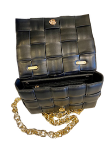 Melie Bianco Black Woven Handbag with Gold Chain Straps