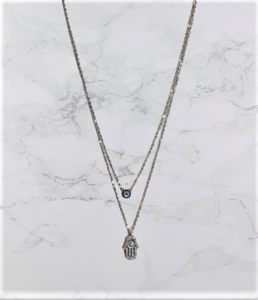 Double Layered Hamsa Evil Eye Necklace (silver or gold finish)