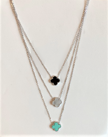 Enamel Quatrefoil Necklace (black, grey, or aqua blue)