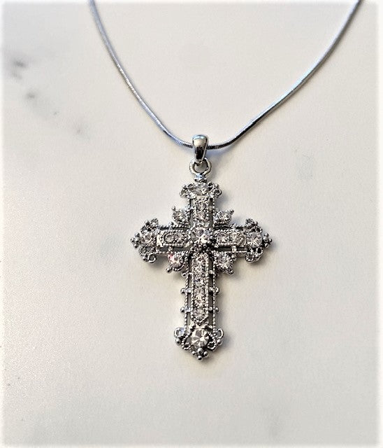 Filigree Cross in White Gold Finish (channel set stones)