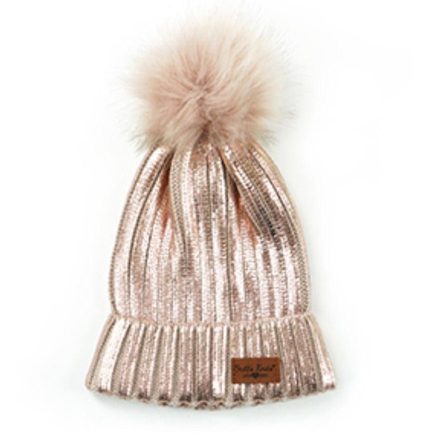 Metallic Knit Pom Hat - Pink