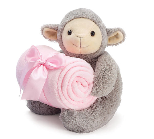 Plush Gray Lamb with Pink Baby Blanket